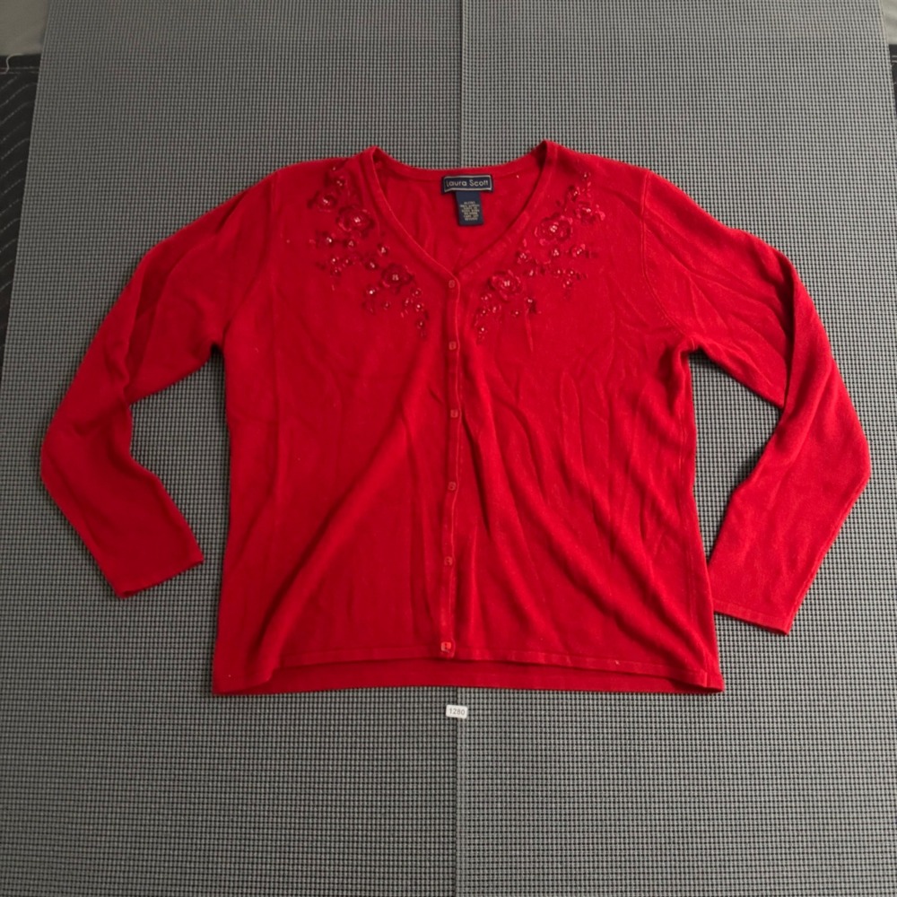 Laura Scott Red Floral Embroidered Beaded V-Neck Cardigan Sweater Womens XL - Picture 2 of 5